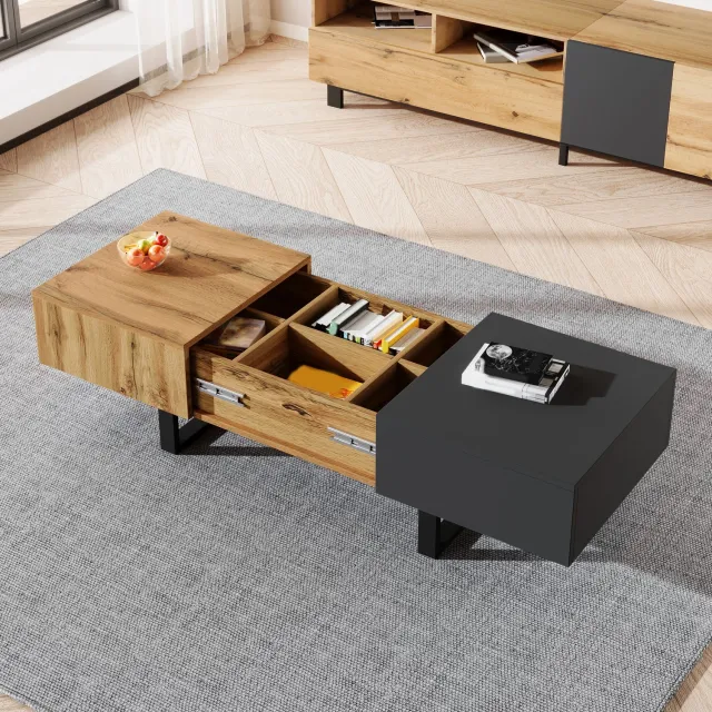 DantefHandels Multifunktionaler moderner verschiebbarer salontafel met versteckter opbergruimte, hochwertiger hout- en Metallhalterung, geschikt voor Wohn- en kantoorbereich naturel