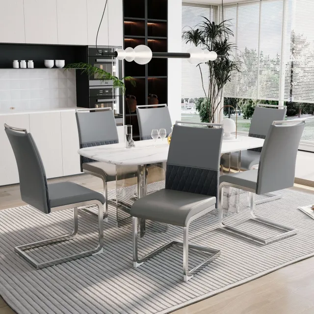 Welltin Eetkamerstoelen, set van 6, PU-leer en linnen rugleuning, hoge gestoffeerde stoel, horizontale strepen op de rugleuning, geschikt voor eetkamer, keuken, gastenkamer of kantoor, Grijs