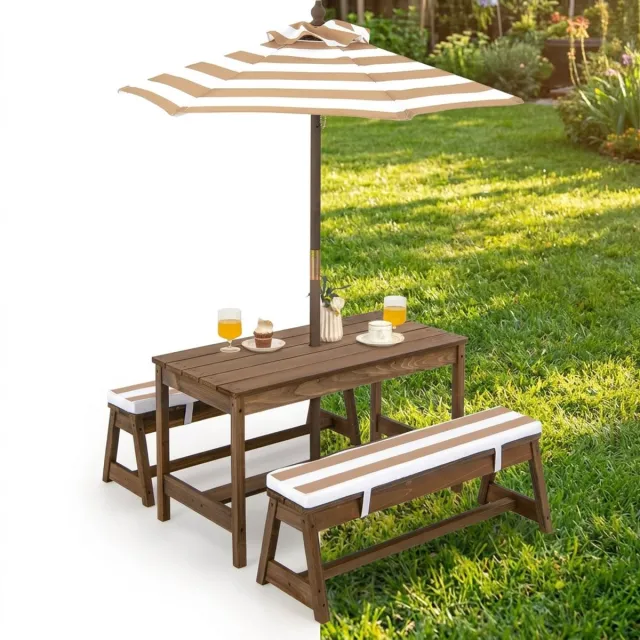 GranMaison Picknicktafel - Kinderen - Tuintafel - Multifunctionele Picknick tafel - Met parasol - Speeltafel - Geschikt voor Buiten - Hout - Koffie