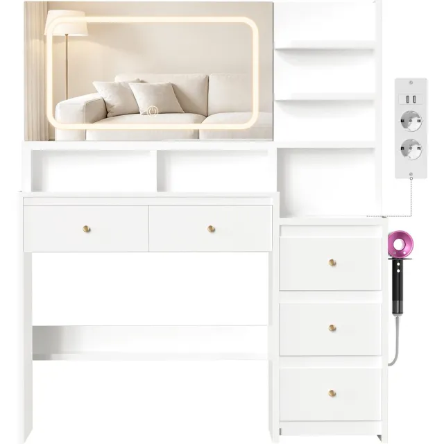 Lexzurn Kaptafel - make up tafel met spiegel - 3 soorten LED-verlichting - Met haak voor föhn - Met Stopcontacten & USB-poorten- 8 laden en 11 open opbergruimten - 164x135x40 cm - Voor Slaapkamer Kleedkamer - Wit Wit-10