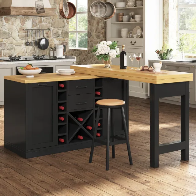 MIVRAY Keukeneiland - 360 Draaibaar En Uitschuifbaar Met Opbergruimte - Voor Keuken En Eetkamer - MDF Metaal - Zwart - 223 Cm