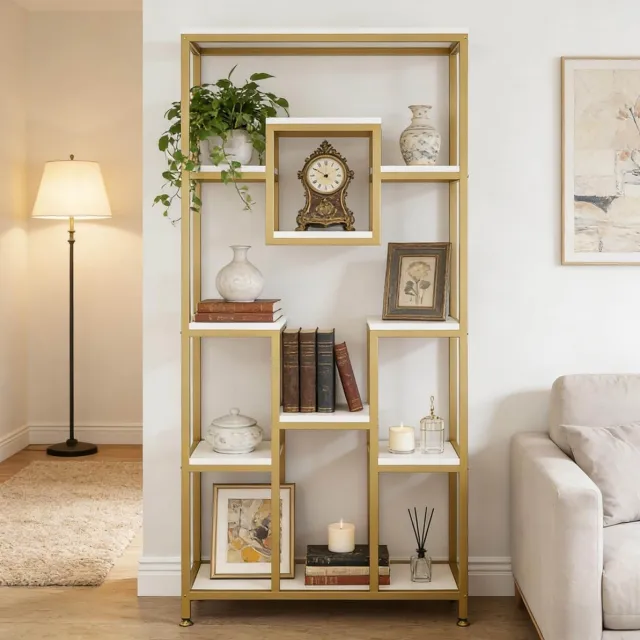 FloraGrace Boekenkast Geometrisch – Vrijstaand Open Design Met 11 Vakken – 182 Cm – Metaal En Hout – Goud Wit – Voor Woonkamer En Slaapkamer