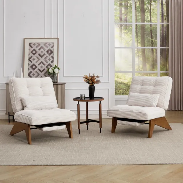 MEUNIQ Relaxfauteuil met handmatig verstelbare rugleuning en uitschuifbare voetensteun, lendekussen, corduroy bekleding en houten poten, 127 x 73 x 90 cm, beige