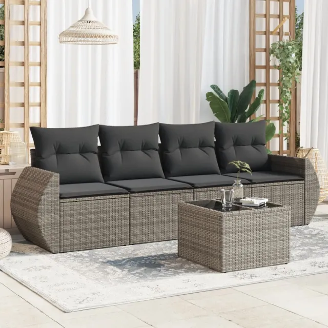 vidaXL 5-delige Loungeset met kussens poly rattan grijs, foto 2