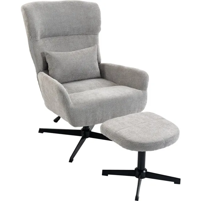 Homona Relaxfauteuil met hocker - 360° draaibaar en in hoogte verstelbaar - Met lendenkussen - 71 x 88 x 98-104 cm - Grijs Cremeweiß