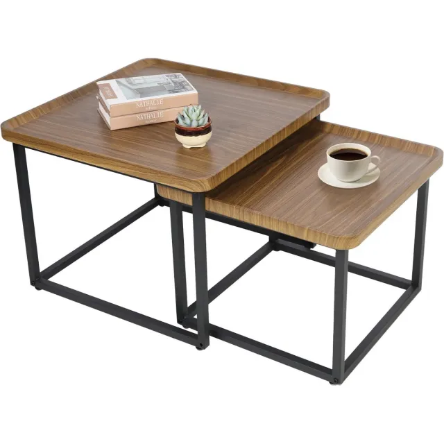 MensStore Salontafel Vierkant - Koffietafel - Massief Hout - Zwart Stalen Frame - Walnoot - Set Van 2 - 55x54x45.5cm En 44x44x39.5cm
