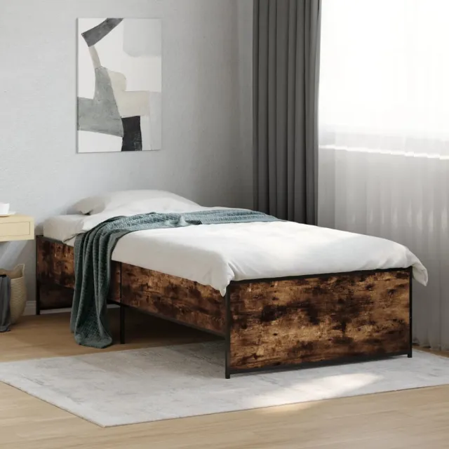 vidaXL Bedframe bewerkt hout en metaal gerookt eikenkleurig 90x190 cm