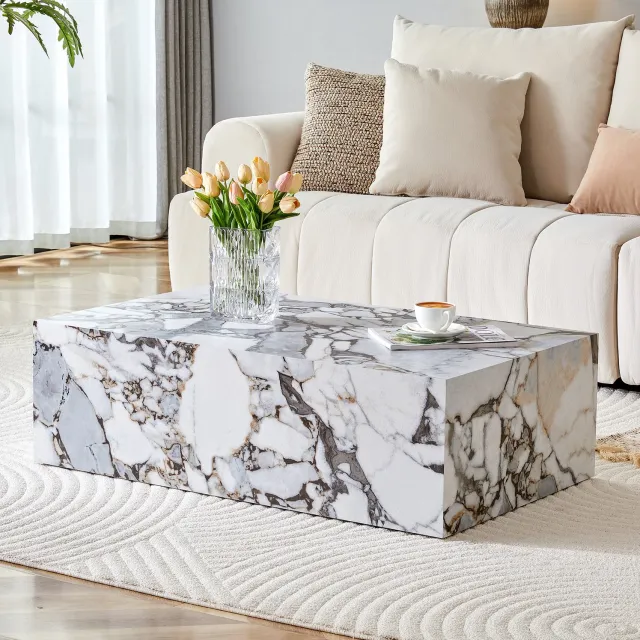 FloraGrace Salontafel - Rechthoekige Marmerlook - Voor Moderne En Scandinavische Woonkamers - MDF - 90x50x30 Cm - Wit Wit marmerlook