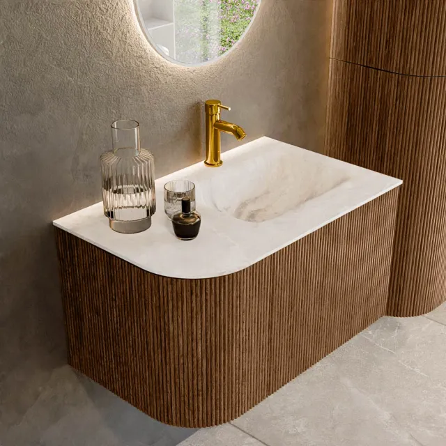 Mondiaz KURVE-DLUX 75 cm Onderkast Greeploos 1 Lade Met Deuren Walnut, Wastafel Solid Surface Rechts Frappe 1 Kraangat Zonder Spiegel (KRVGRU75L1L1D1KR-Wal/Fra)
