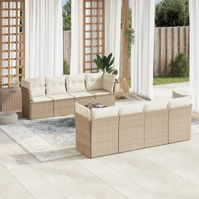 vidaXL 9-delige Loungeset met kussens poly rattan beige, foto 2