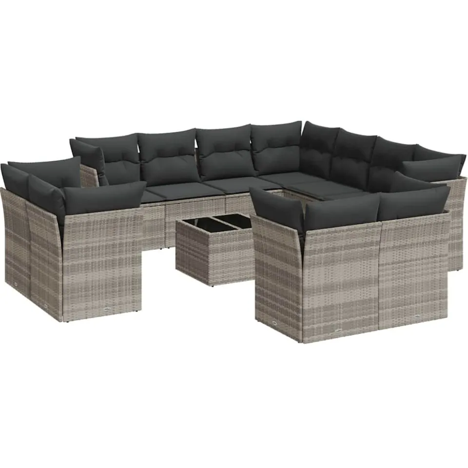 vidaXL 12-delige Loungeset met kussens poly rattan lichtgrijs