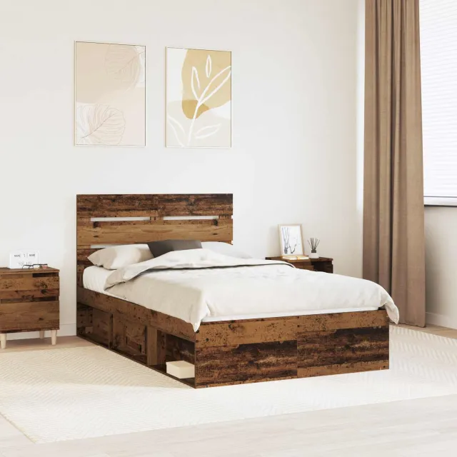 vidaXL Bedframe met hoofdeinde Oudhout 135 x 190 cm Massief grenenhout Bruin