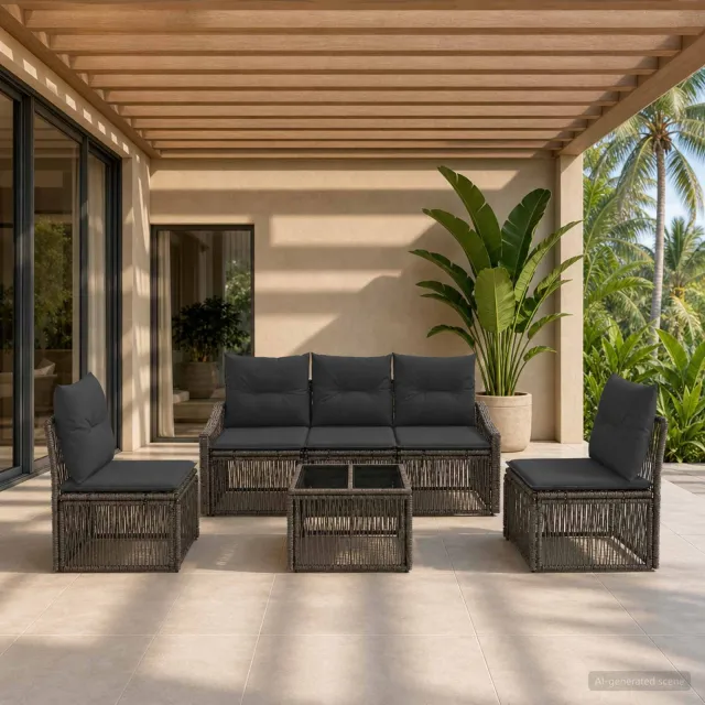 vidaXL Tuinbankenset 6 st Grijs poly rattan, foto 2