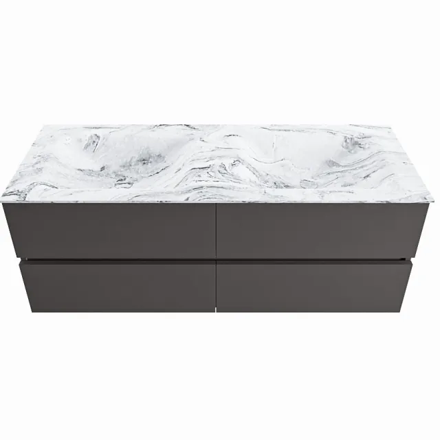 Mondiaz VICA-DLUX 130cm badmeubel onderkast Dark grey 4 lades. Inbouw wastafel CLOUD dubbel zonder kraangat, kleur Glace.