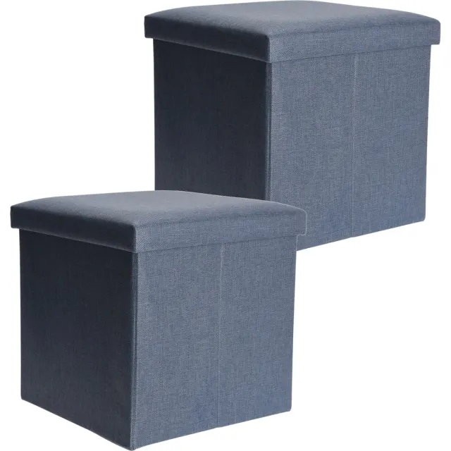 H&S Collection Poef/hocker/voetenbankje - 2x - opbergbox - blauw - polyester - 38 x 38 cm - opvouwbaar