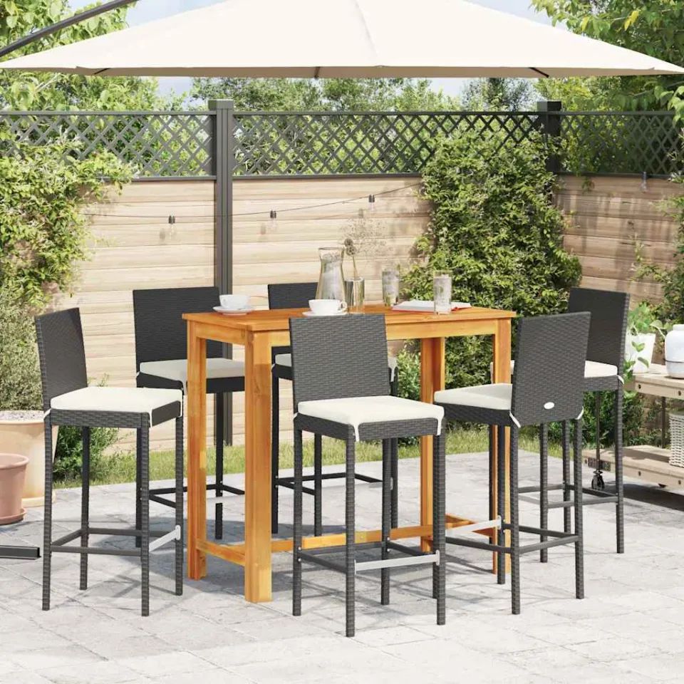 vidaXL 7-delige Tuinbarset massief acaciahout en poly rattan zwart, foto 3