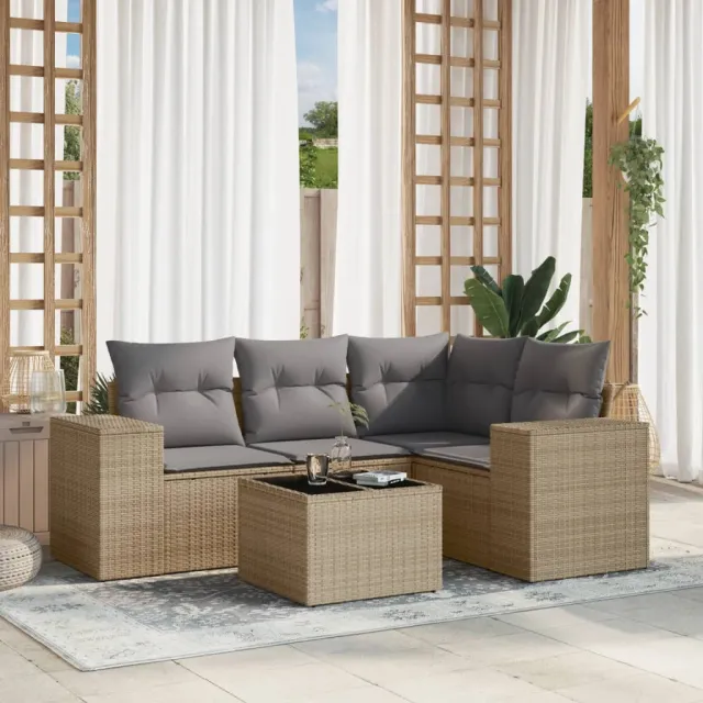 vidaXL 5-delige Loungeset met kussens poly rattan beige, foto 2