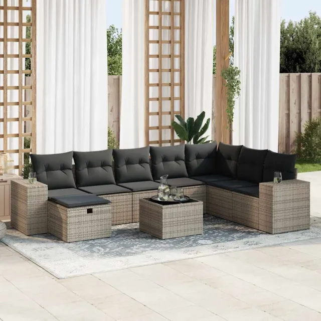 vidaXL 9-delige Loungeset met kussens poly rattan grijs, foto 2
