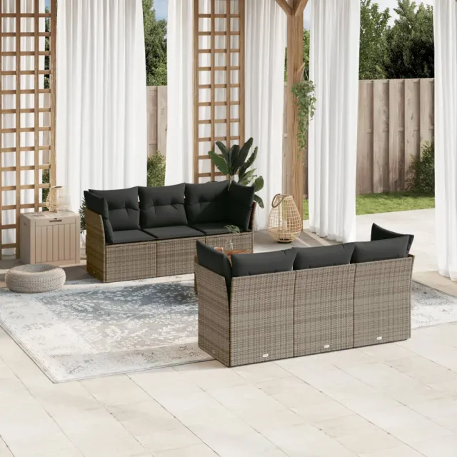 vidaXL 7-delige Loungeset met kussens poly rattan grijs, foto 2