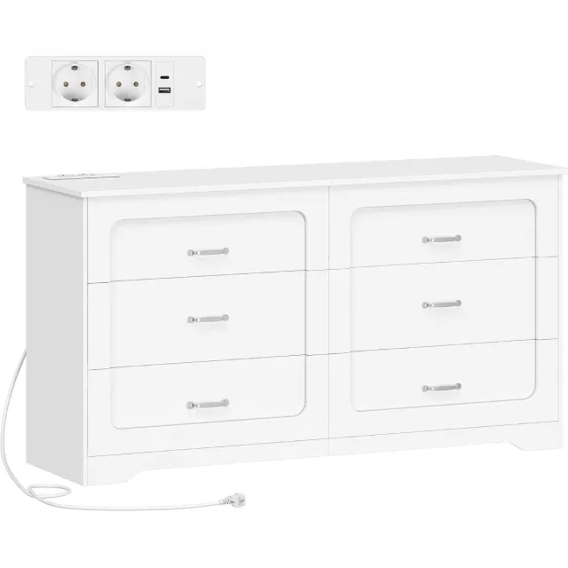 HILINSIE Commode met 6 Laden & Oplaadstation, Wit, 40x140x75cm, Opbergkast met Twee Vakken, Moderne Opbergkast voor Slaapkamer, Woonkamer, Kledingkast