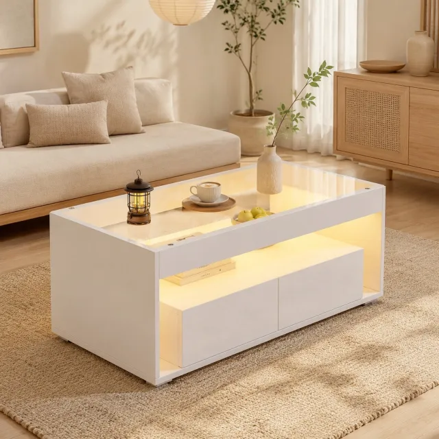 Maisentiel Salontafel 100 x 50 x 40 cm met LED, 2 lades, glazen blad en spaanplaat - wit