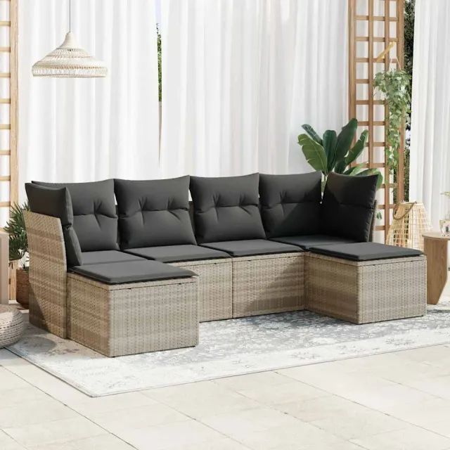 vidaXL 6-delige Loungeset met kussens poly rattan lichtgrijs grijs, foto 2