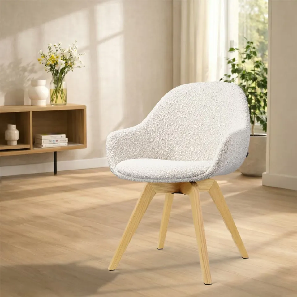 Nolon Noor-Mae draaibare eetkamerstoel bouclé beige - houten onderstel, foto 2