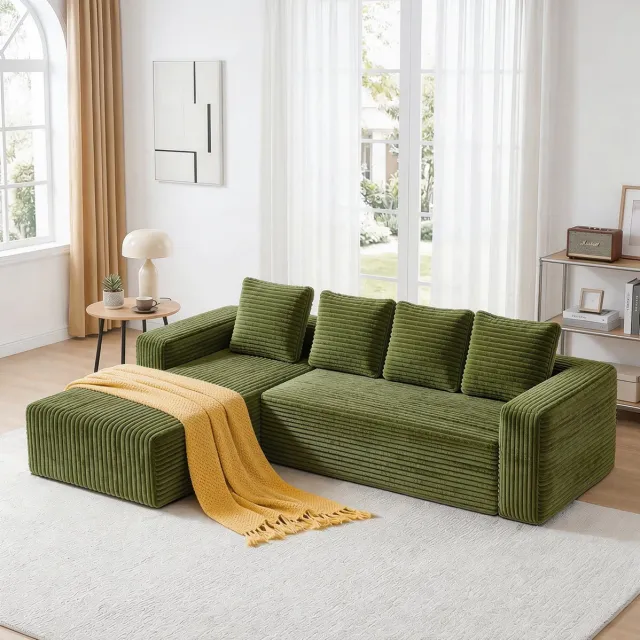 OKWISH Hoekbank 261 x 168 cm - Modulaire 4-Zits Met Rechter Chaise Longue En Diepe Zit - Voor Woonkamer Of Slaapkamer - Corduroy - Groen