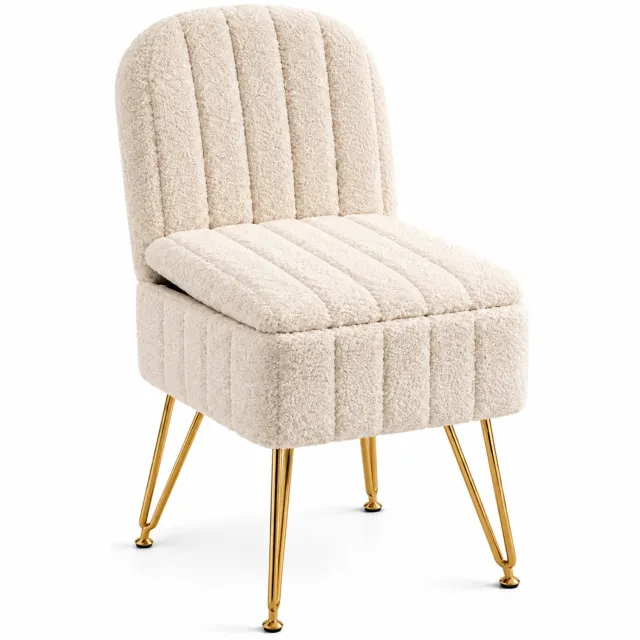 ITRONIQ Make Up Stoel met Opbergruimte – Teddy Bouclé Kaptafelstoel met Inklapbare Rugleuning – Incl. Gouden Poten – Crème Creme