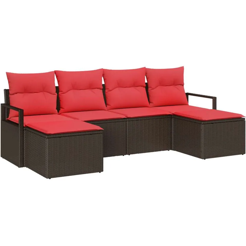 vidaXL Bankstel 6 st Bruin en Rood poly rattan, foto 4