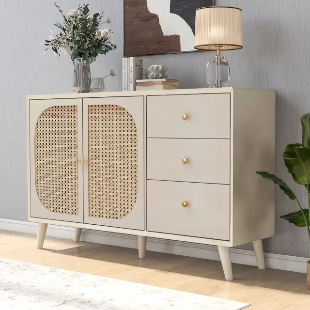 REDOM Dressoir Offwhite 120 cm – Sideboard met 2 deuren & 3 lades, rattan paneel, ruime opbergruimte, E1-spaanplaat gebroken wit
