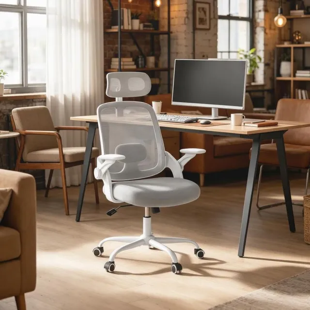 OKWISH Bureaustoel – Ergonomische Hoge Rugleuning Met Hoofdsteun En 3D Armleuningen – Verstelbare Zithoogte – Mesh – Lichtgrijs LIGHT GREY