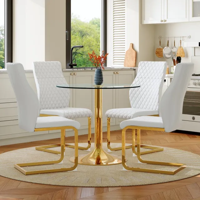 MODENUIT Eettafelset - Ronde Glazen Tafel 85 cm - 4 Stoelen - Voor Eetkamer En Horeca - Metaal En Kunstleer - Wit Goud Transparant, Wit En Goud
