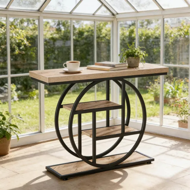 REDOM Sidetable - Industrieel - Metalen ringframe met 4 lagen opbergruimte - Houten tafelblad - Woonkamer en hal - Metaal en hout - Zwart en Lichtbruin - 105 x 30 x 80 cm