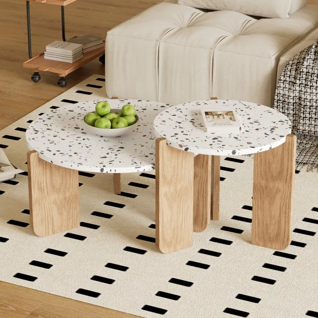 OKWISH Koffietafel - 2 Delige Salontafel Rond - Stijlvolle Kleine En Grote Tafel Voor Woonkamer - 70x70+50x50 cm - MDF - Wit + Houtkleur