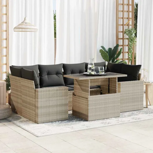 vidaXL 7-delige Loungeset met kussens poly rattan lichtgrijs grijs, foto 2