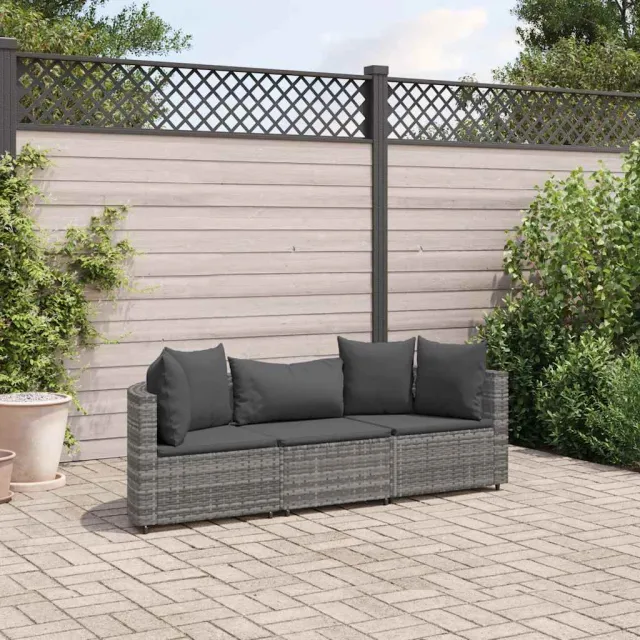 vidaXL 3-delige Loungeset met kussens poly rattan grijs, foto 2