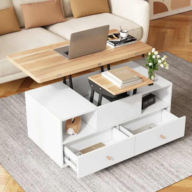 MODENUIT Salontafel - Verstelbaar Tafelblad, Uitklapbaar, 4 Laden En Wielen - Voor Woonkamer - MDF - 100x50x47,5 cm Wit