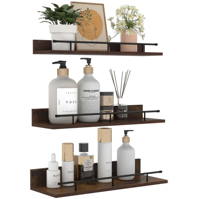 Unyqoos ® Stijlvol Bruin Houten Wandrek met Zwarte Metalen Leuningen voor Diverse Ruimtes, Set van 3 Maten