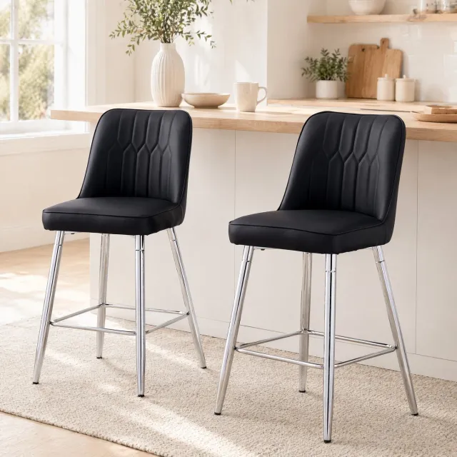 MODENUIT Barkruk 100 cm - Set van 2 met Rugleuning - Voor Bar en Keukeneiland - Kunstleer - Zwart/Zilver