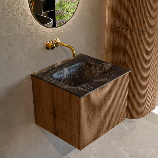 Mondiaz KURVE-DLUX 50 cm Onderkast Greeploos 1 Lade Zonder Deuren Walnut, Wastafel Solid Surface Midden Lava 0 Kraangaten Zonder Spiegel (KRVGRU501L0D0KM-Wal/Lav)
