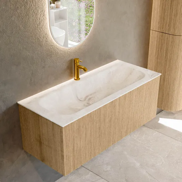 Mondiaz KURVE-DLUX 110 cm Onderkast Greeploos 1 Lade Zonder Deuren Oak, Wastafel Solid Surface Volledig Frappe 1 Kraangat Zonder Spiegel (KRVBGM1101L0D1KM-Oak/Fra)