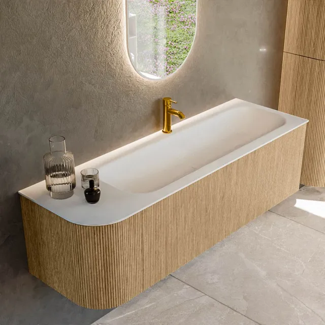 Mondiaz KURVE 145 cm Onderkast Greeploos 1 Lade Met Deuren Oak, Wastafel Solid Surface Rechts Talc 1 Kraangat Zonder Spiegel (KRVBGL145L1L1D1KR-Oak/Tal)
