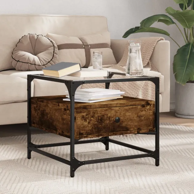 vidaXL Salontafel met glazen blad 50x50x45 cm gerookt eiken staal, foto 2