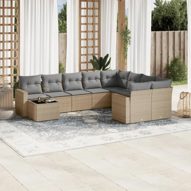 vidaXL 10-delige Loungeset met kussens poly rattan beige, foto 2