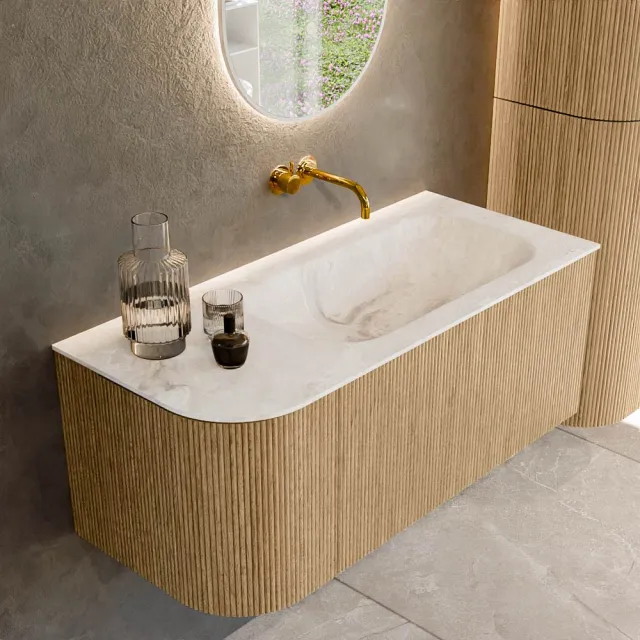 Mondiaz KURVE-DLUX 105 cm Onderkast Greeploos 1 Lade Met Deuren Oak, Wastafel Solid Surface Rechts Frappe 0 Kraangaten Zonder Spiegel (KRVBGS105L1L1D0KR-Oak/Fra)