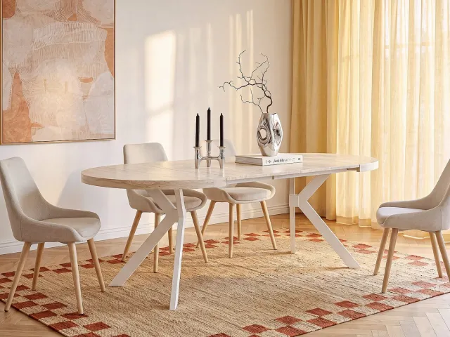 Vente-unique Uitschuifbare eettafel voor 4 tot 8 personen in MDF en Staal - Travertijn effect beige en Wit KOMONI