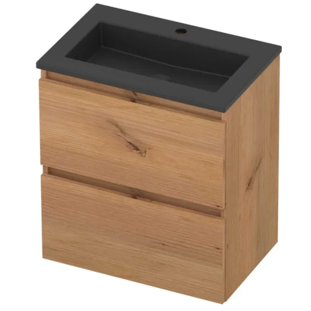 Basic-Line Mood 39 Badmeubelset Acryl 1 Kraangat Greeploos 60x39x62 cm Whisky Oak Mat Zwart