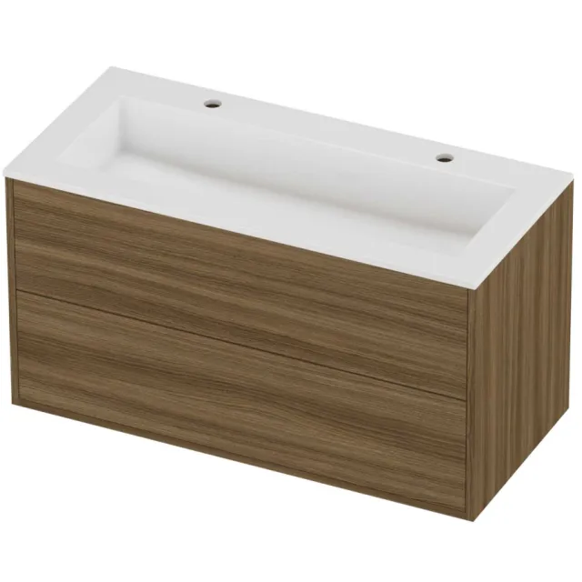 Proline Aristo Badmeubelset Polystone Elegant 2 Gaten 100x46x54 cm Glans Wit Caramel Walnut Houtlook