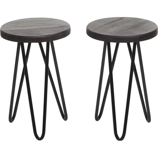 MCW Set van 2 bijzettafels MCW-A80, nachtkastje salontafel, industrieel echt hout Ø25cm ~ donkerbruin